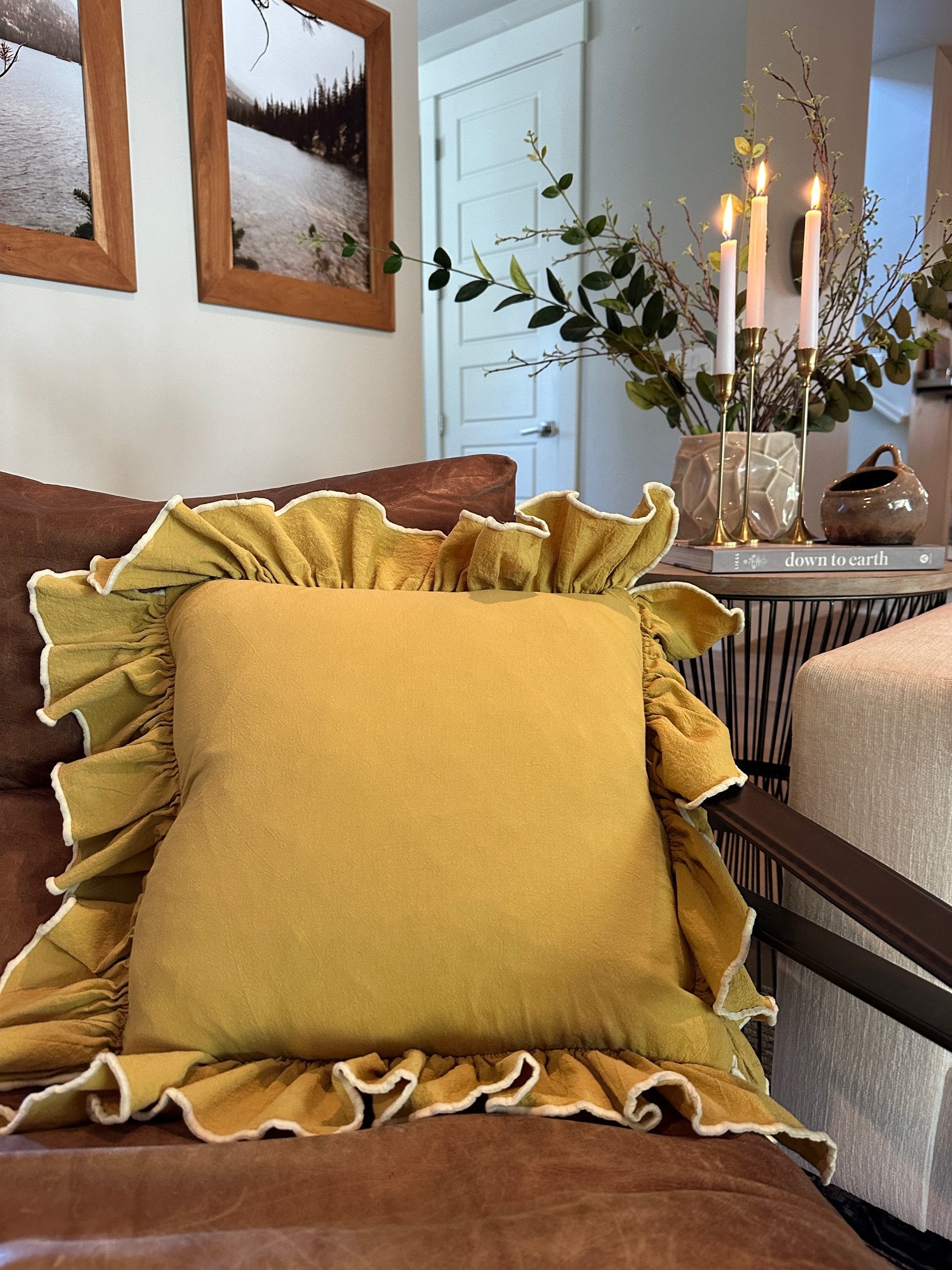 Mustard Linen-Ruffle Pillow Cover