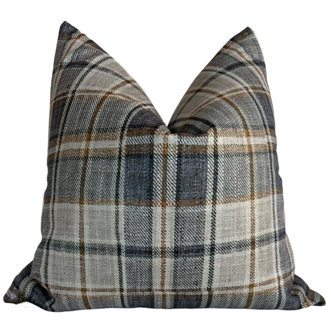 Plaid pillow in charcoal, tan, and cream with polyester-linen fabric