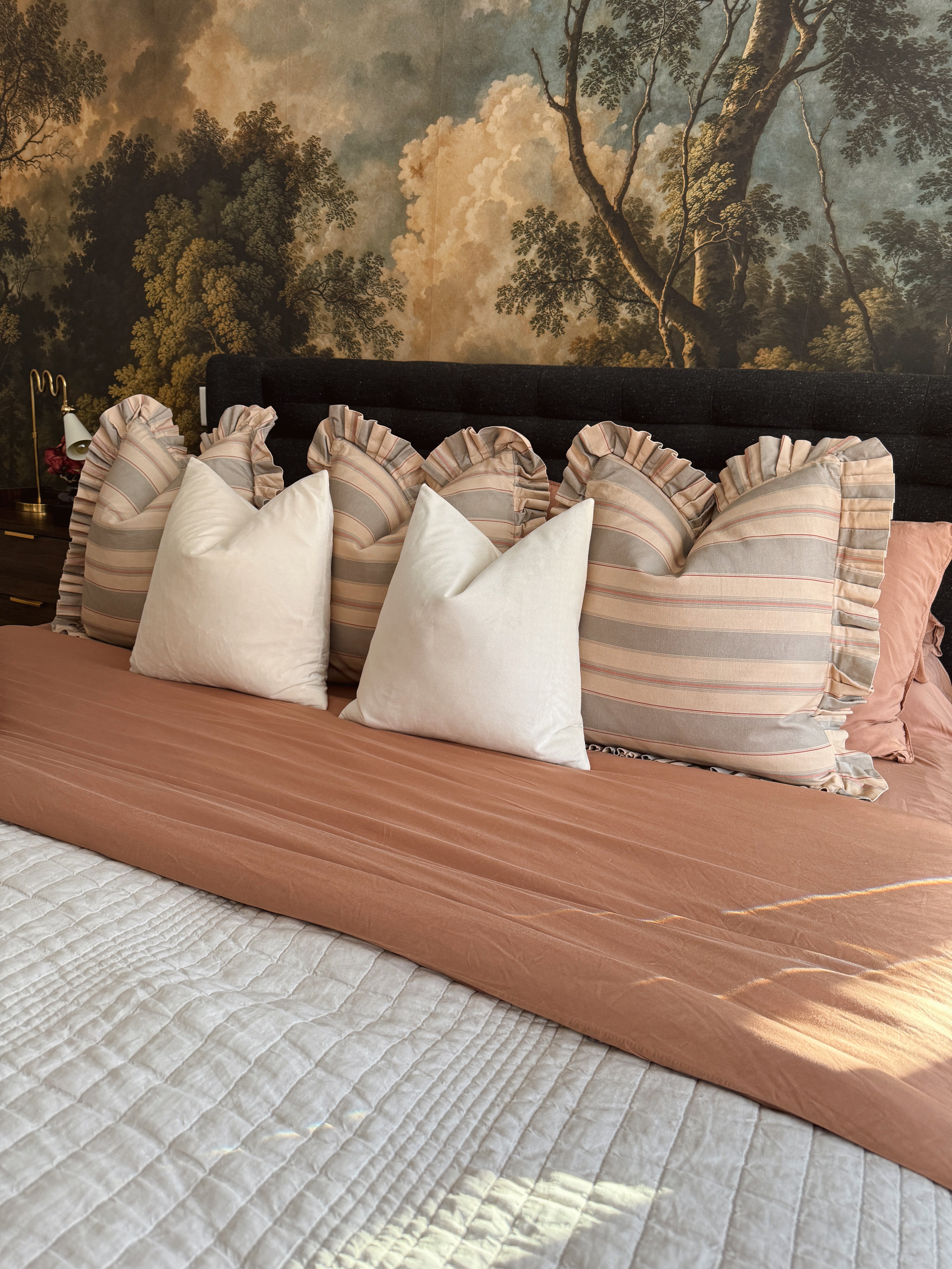 Olive and Sage Striped-Ruffle Pillow Cover