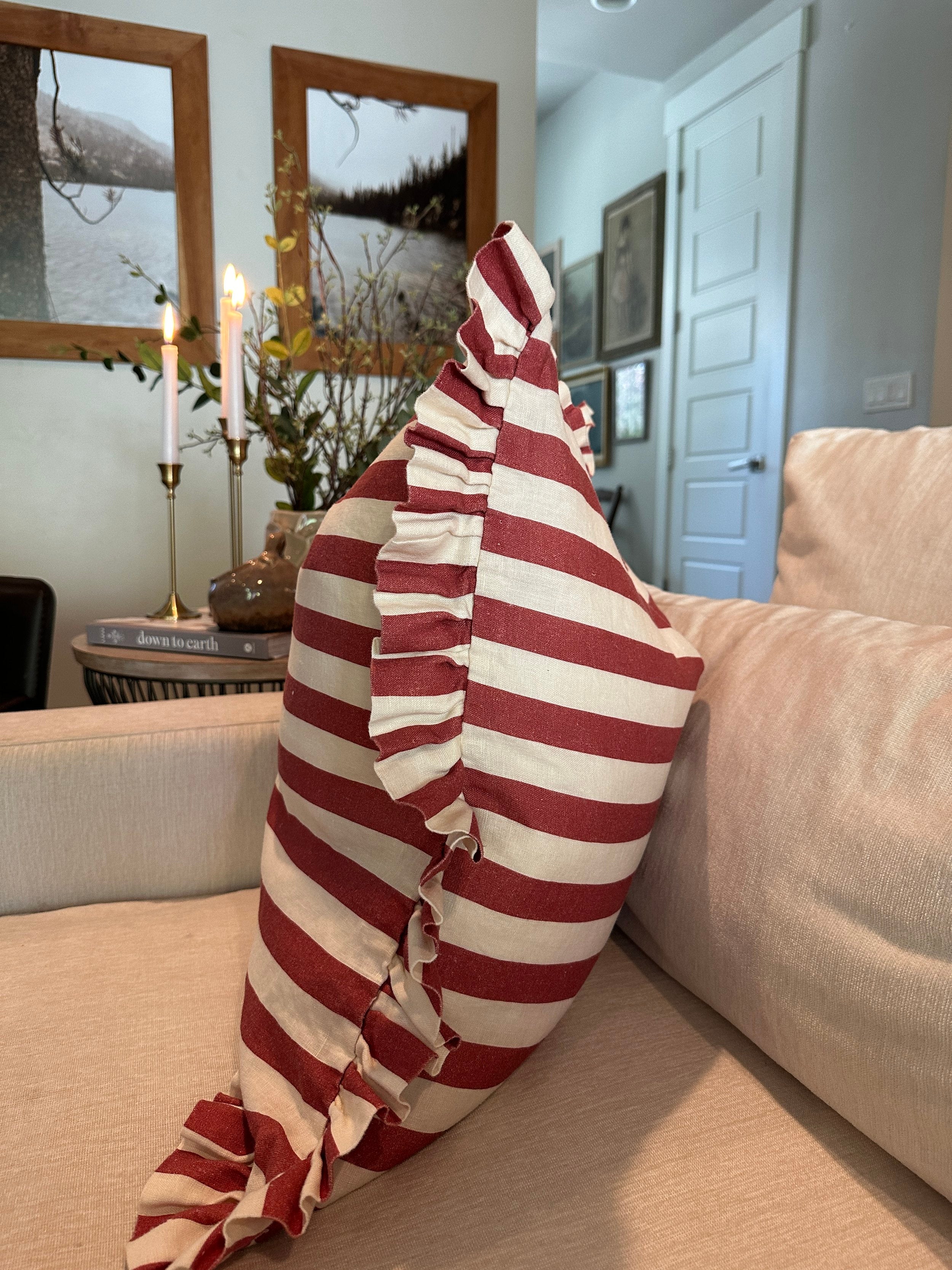 Cherry Striped Linen-Ruffle Pillow Cover