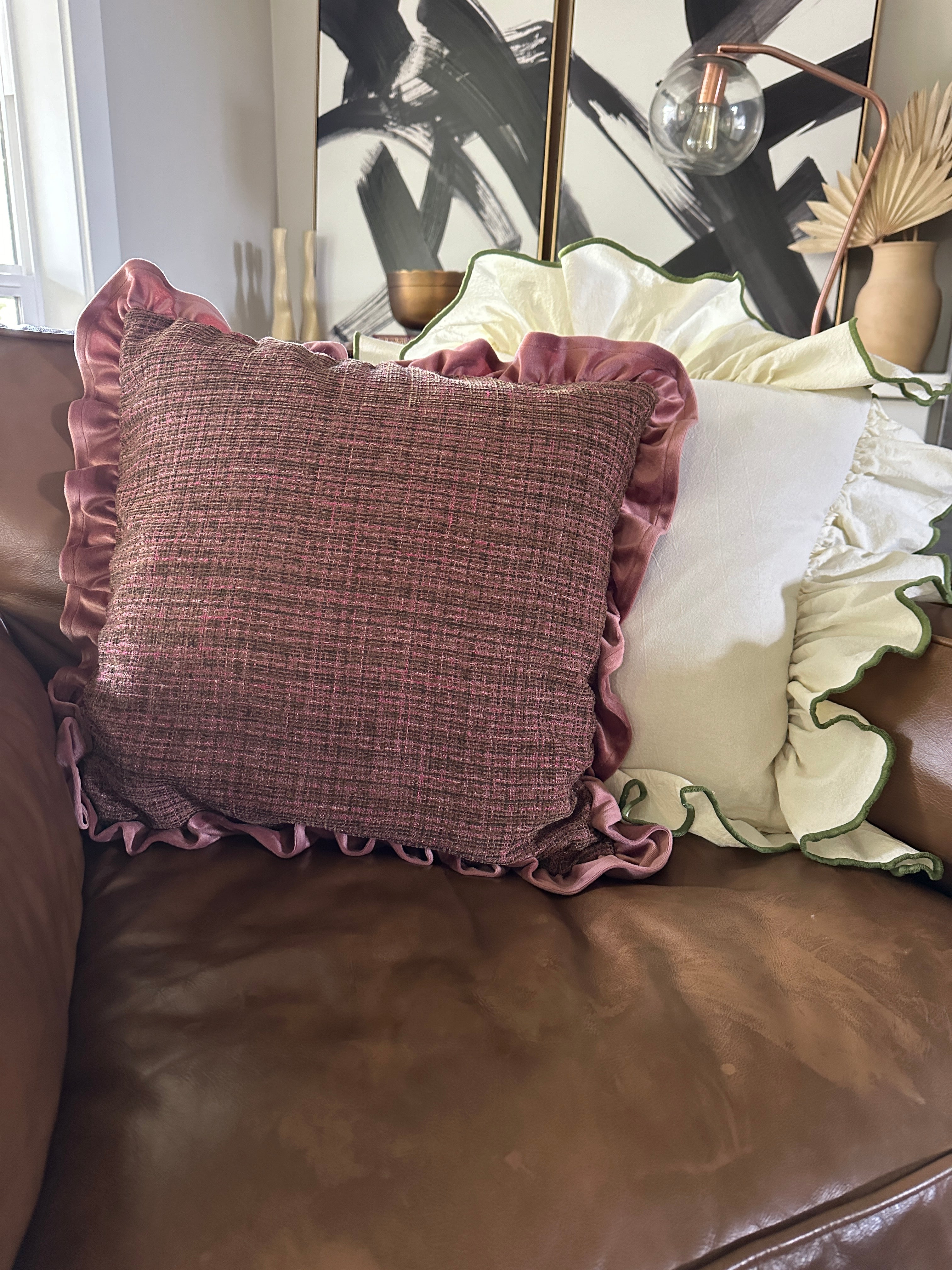 Burnt Pink Tweed-Velvet Ruffle Pillow