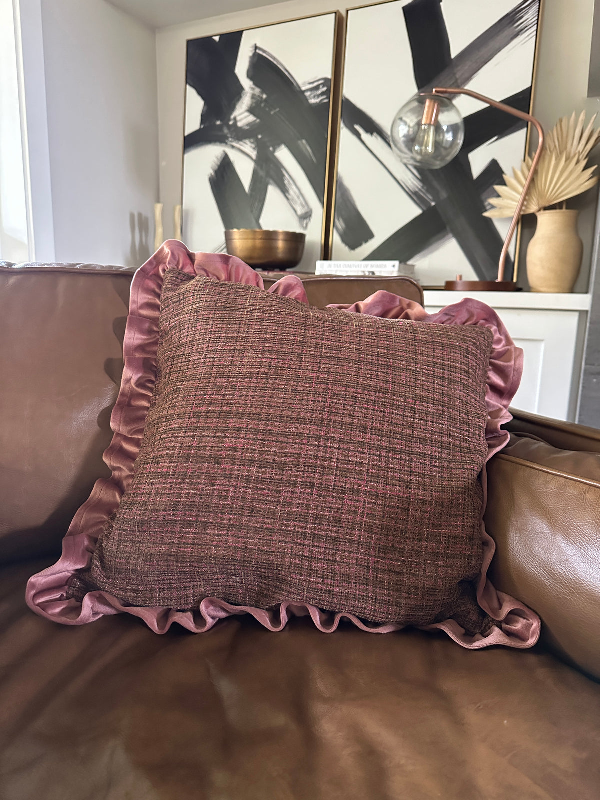 Burnt Pink Tweed-Velvet Ruffle Pillow
