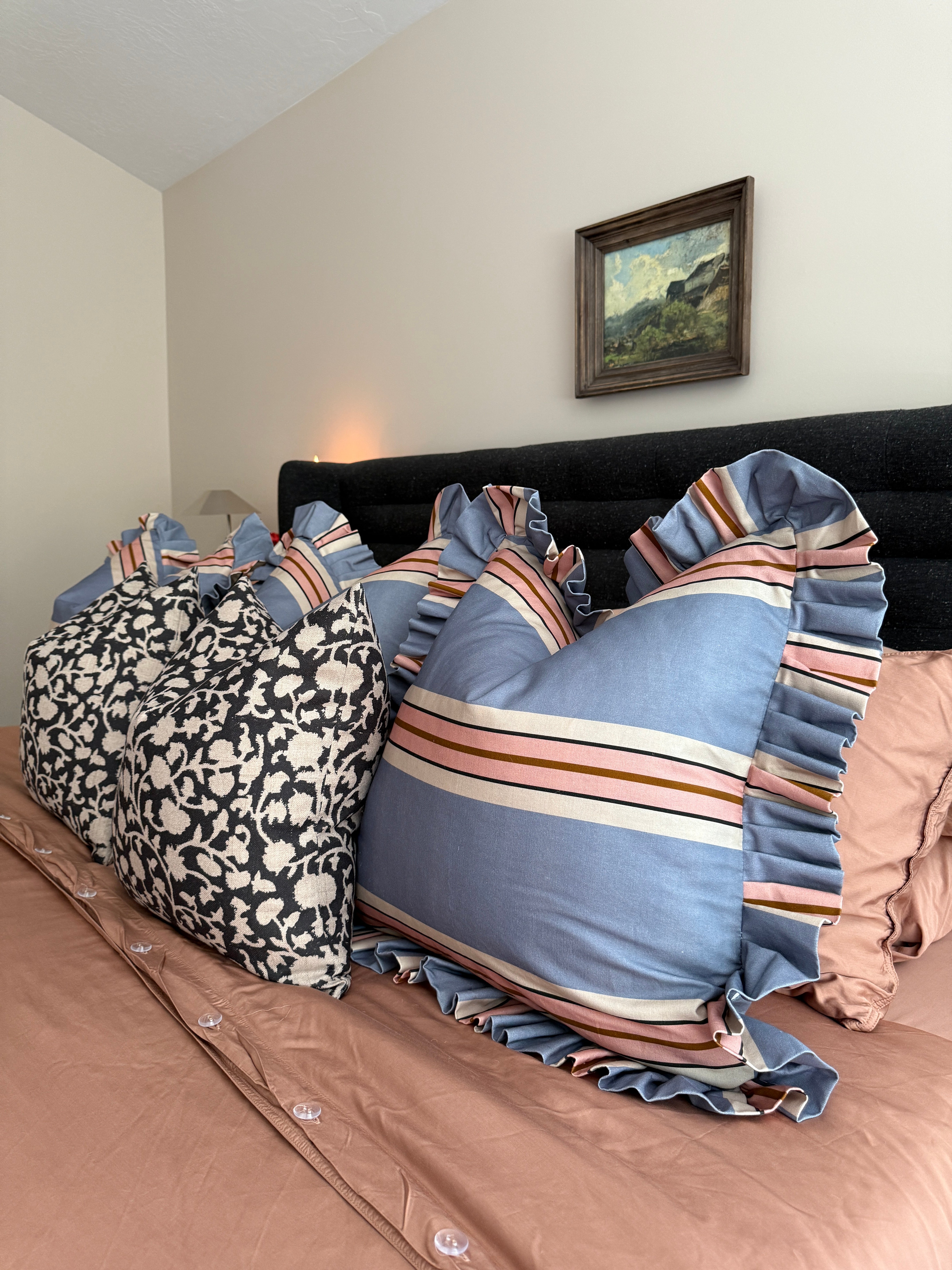 Foxy Blue Striped-Ruffle Pillow Cover
