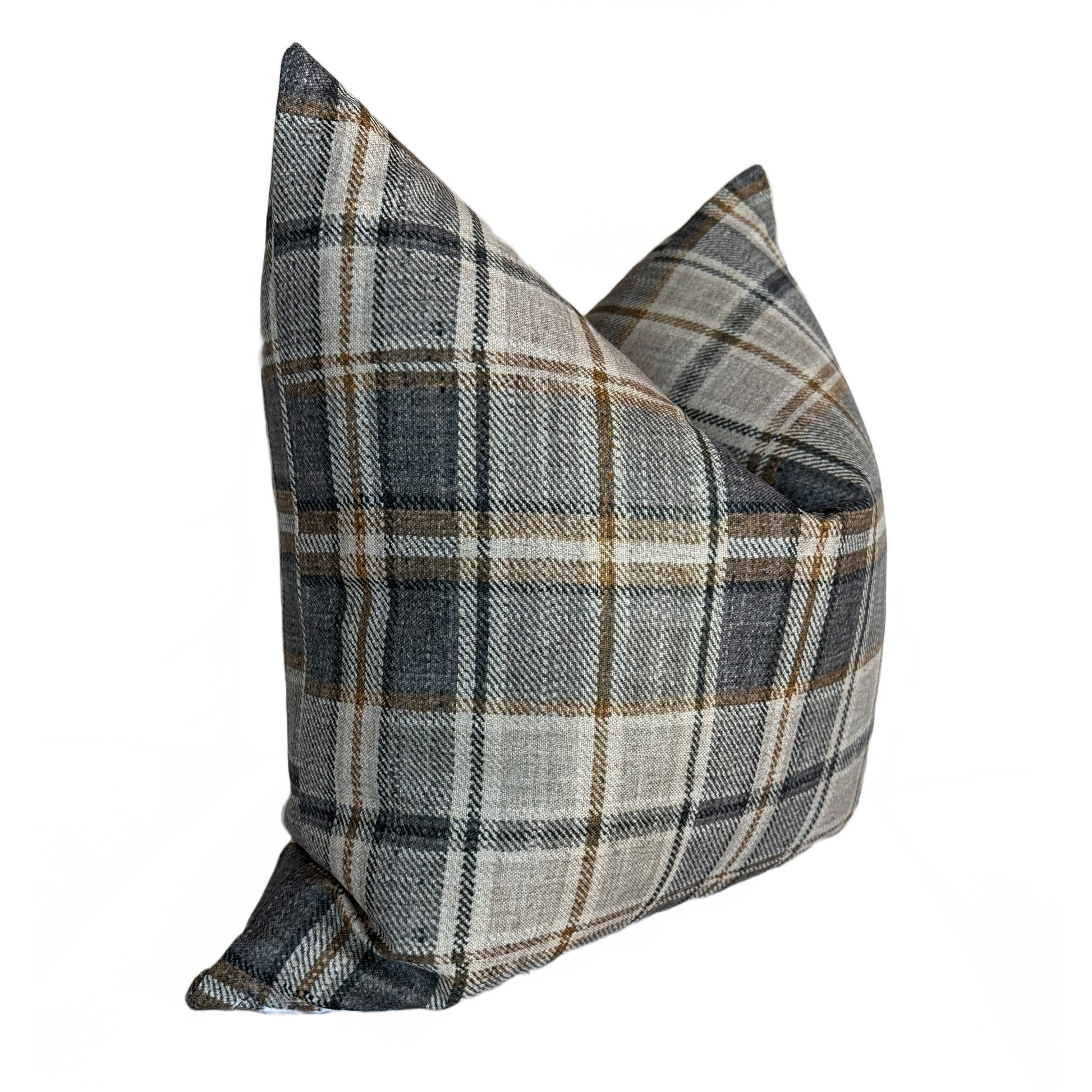 Plaid pillow in charcoal, tan, and cream with polyester-linen fabric